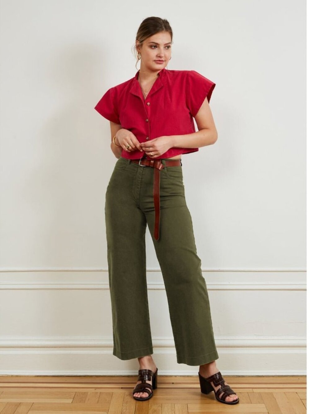 Loup Olive Green Wide-Leg Bootcut Pants